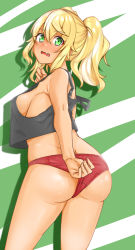 Rule 34 | 1girl, absurdres, adjusting clothes, adjusting panties, ass, back, black shirt, blonde hair, blush, breasts, commentary request, covering privates, covering ass, cowboy shot, crop top, crop top overhang, dark skin, dark-skinned female, dumbbell nan kilo moteru?, fang, ganguro, green background, green eyes, hand on own chest, hand up, highres, long hair, looking at viewer, looking back, mn0640, panties, red panties, sakura hibiki, shirt, sideboob, sidelocks, simple background, solo, tank top, thighs, twintails, underwear, very long hair, wavy mouth, wedgie