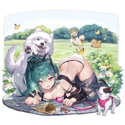 Rule 34 | 1girl, all fours, animal ear hairband, animal ears, animal hands, aqua hair, arched back, ass, bag, ball, bare shoulders, belt, bench, black choker, black jacket, blush, breasts, brown dog, bug, butt crack, butterfly, butterfly on ass, chain, choker, cleavage, clothes pull, collar, collarbone, crossed bangs, day, denim, dog, dog ears, dog request, fake animal ears, flower, foliage, forced smile, full body, girls&#039; frontline, grass, hair between eyes, hair ornament, hairband, hairclip, heart, heavy breathing, highres, holding, holding leash, insect, jacket, jeans, jewelry, jumping, large breasts, leash, long hair, looking at viewer, m327 (cutie trainer) (girls&#039; frontline), m327 (girls&#039; frontline), medium breasts, o-ring, o-ring arm strap, off shoulder, official alternate costume, official art, open clothes, open jacket, open mouth, outdoors, panties, pants, pants pull, park, path, pet food, ponytail, purple belt, red eyes, ring, road, shoes, sneakers, solo, stone floor, strapless, striped clothes, striped jacket, sweat, tennis ball, third-party source, tongue, tongue out, torn clothes, torn jeans, torn pants, transparent background, tree, tube top, underwear, v, vertical-striped clothes, vertical-striped jacket, waving, white dog, white flower, white footwear, white panties, white tube top, whoisshe, yellow butterfly