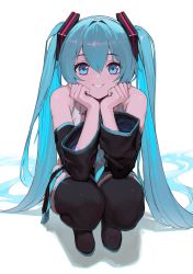 Rule 34 | 1girl, absurdres, bare shoulders, black thighhighs, blue eyes, blue hair, hatsune miku, highres, looking at viewer, smile, solo, squatting, thighhighs, twintails, vertigris, vocaloid, white background