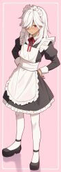 Rule 34 | 1boy, apron, black footwear, blush, character name, closed mouth, cyno (genshin impact), dark-skinned male, dark skin, genshin impact, hair between eyes, hair over one eye, high heels, highres, iroiro 0w0, long hair, long sleeves, maid, maid apron, male focus, pantyhose, pink background, red eyes, solo, trap, white hair, white pantyhose