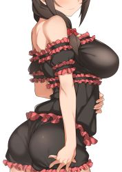 Rule 34 | 1girl, ass, bare shoulders, black shirt, black shorts, blush, bow, breasts, brown hair, closed mouth, commentary request, detached sleeves, frilled shirt, frilled shorts, frilled sleeves, frills, from side, hair bow, hair over shoulder, hand on own stomach, hatakenaka (kamagabuchi), head out of frame, highres, kono subarashii sekai ni shukufuku wo!, large breasts, long hair, red bow, shirt, shorts, simple background, smile, solo, white background, yunyun (konosuba)