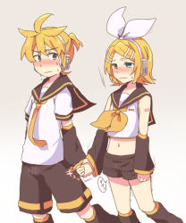 Rule 34 | 1boy, 1girl, aqua eyes, arm tattoo, bare shoulders, blonde hair, blush, bow, brother and sister, crop top, detached sleeves, embarrassed, hair bow, hair ornament, hairclip, headphones, headset, holding hands, incest, kagamine len, kagamine rin, leg warmers, looking at another, midriff, navel, necktie, nervous, number tattoo, reki (arequa), sailor collar, sex toy, short hair, short ponytail, shorts, siblings, sweat, sweatdrop, tattoo, trembling, twins, vibrator, vibrator under clothes, vocaloid