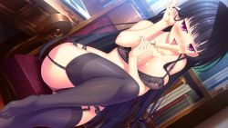 Rule 34 | 1girl, black hair, black thighhighs, blush, bookshelf, breasts, dutch angle, food, game cg, garter straps, highres, hinata nao, holding, imouto paradise! 3, indoors, large breasts, licking, lingerie, long hair, nanase zakuro, official art, on chair, pink eyes, popsicle, sitting, solo, thighhighs, underwear