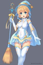 Rule 34 | 1girl, ahoge, argyle, argyle clothes, argyle cutout, argyle legwear, armlet, artist name, bare shoulders, blonde hair, blue cape, blue eyes, blue gemstone, blue hat, blue skirt, blue thighhighs, bodysuit, breasts, broom, cape, clothing cutout, collarbone, covered navel, elbow gloves, eyelashes, gem, gloves, hat, highres, holding, holding broom, looking at viewer, miniskirt, original, pleated skirt, ribbon, short hair, skin tight, skirt, solo, standing, star (symbol), tareme, thigh gap, thighhighs, umitonakai, white gloves, witch hat, yellow ribbon, zettai ryouiki