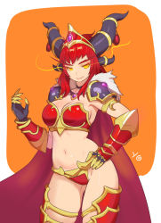 Rule 34 | 1girl, alexstrasza, armor, bad id, bad pixiv id, bikini, bikini armor, black choker, cape, choker, dragon girl, gauntlets, hand on own hip, heroes of the storm, highres, horn ornament, horns, jewelry, kim jin sung, long eyebrows, long hair, looking at viewer, navel, necklace, pauldrons, red bikini, red hair, shoulder armor, smile, solo, strapless, strapless bikini, swimsuit, tiara, warcraft, world of warcraft, yellow eyes