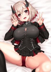 Rule 34 | 1girl, :d, azur lane, bed sheet, black jacket, black legwear, black shirt, black skirt, blush, breasts, brown eyes, button gap, cameltoe, cleavage, cleft of venus, collared shirt, cropped jacket, cross, double v, feet out of frame, from above, grey hair, iron cross, jacket, lambda (kusowarota), large breasts, long sleeves, looking at viewer, lying, military, military uniform, miniskirt, multicolored hair, on back, open clothes, open jacket, open mouth, panties, pants, partially visible vulva, pleated skirt, red panties, red pants, roon (azur lane), shirt, short hair, skirt, smile, solo, spread legs, streaked hair, taut clothes, taut shirt, underbust, underwear, uniform, v, wing collar