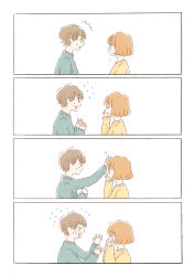 Rule 34 | 1boy, 1girl, 4koma, :o, = =, ^^^, absurdres, arm up, blue sweater, blunt bangs, blush stickers, brown hair, clenched hand, closed eyes, closed mouth, comforting, comic, crying, crying with eyes open, eye contact, flying sweatdrops, from side, furrowed brow, hand up, hands up, headpat, highres, itunohika, light brown hair, long sleeves, looking at another, motion lines, nervous, open hands, open mouth, original, panicking, parted lips, profile, sad, silent comic, simple background, surprised, sweat, sweater, tareme, tearing up, tears, upper body, v-shaped eyebrows, white background, wiping tears, yellow sweater