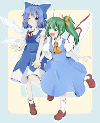 Rule 34 | 2girls, ascot, blue eyes, blue hair, border, bow, cirno, daiyousei, dress, fairy wings, fang, green eyes, green hair, grin, hair bow, hair ribbon, highres, holding hands, interlocked fingers, kuroneko (kuroi-neko), leg up, looking at another, looking at viewer, multiple girls, one eye closed, open mouth, ponytail, puffy short sleeves, puffy sleeves, ribbon, short sleeves, simple background, smile, socks, touhou, wings, wink