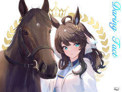 Rule 34 | 1girl, ahoge, ascot, black hair, blue ascot, blue collar, blue eyes, breasts, character name, coat, collar, collared shirt, commentary request, creature and personification, daring tact (racehorse), daring tact (umamusume), dress, english text, hair between eyes, hair ornament, highres, horse, horse girl, kashmir 0808, looking at viewer, medium breasts, medium hair, portrait, reins, shirt, signature, simple background, tiara, umamusume, white background, white coat, white dress