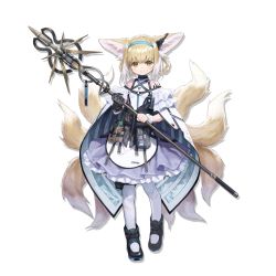 Rule 34 | 1girl, animal ears, apron, arknights, bare shoulders, black footwear, black gloves, blonde hair, blue hairband, braided hair rings, fox ears, fox tail, full body, gloves, green eyes, grey pantyhose, grey skirt, hair rings, hairband, holding, holding staff, infection monitor (arknights), kitsune, kyuubi, looking at viewer, material growth, multicolored hair, multiple tails, official art, oripathy lesion (arknights), pantyhose, petticoat, pouch, sho (sho lwlw), shoes, short hair, single glove, skirt, smile, solo, staff, standing, suzuran (arknights), tail, transparent background, waist apron, white apron, white hair, wrist cuffs