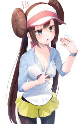 Rule 34 | 1girl, black pantyhose, blue eyes, blush, bow, bracelet, breasts, brown hair, cleavage, clothes pull, collarbone, commentary request, cowboy shot, creatures (company), double bun, fanning face, fanning self, game freak, green skirt, grey eyes, hair bun, hat, highres, hot, jewelry, long hair, looking away, medium breasts, meth (emethmeth), nintendo, open mouth, pantyhose, pantyhose under shorts, pink bow, pokemon, pokemon bw2, raglan sleeves, rosa (pokemon), see-through, shirt pull, short shorts, shorts, sidelocks, simple background, skirt, solo, sweat, twintails, very long hair, visor cap, white background, white hat, yellow shorts