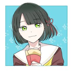 Rule 34 | 1girl, :3, black hair, blue background, blunt bangs, blunt ends, border, closed mouth, commentary request, crepe, flower, flower knot, food, green eyes, hair flower, hair ornament, hasu no sora school uniform, highres, holding, holding food, link! like! love live!, looking to the side, love live!, momose ginko, neckerchief, outside border, sailor collar, school uniform, seri (hakobera), short hair, sideways glance, solo, upper body, virtual youtuber, white border, white sailor collar, winter uniform, yellow neckerchief