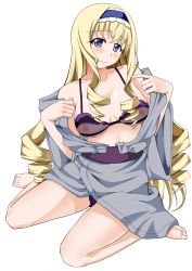 Rule 34 | 10s, 1girl, ao (time-leap), bare shoulders, barefoot, blonde hair, blue eyes, blush, breasts, cecilia alcott, curly hair, full body, hairband, highres, infinite stratos, long hair, nipples, revision, see-through, simple background, sitting, solo, undressing, wariza, white background