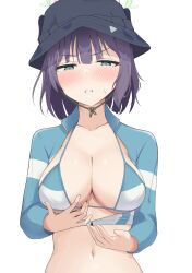 Rule 34 | 1girl, bikini, black hat, blue archive, blush, breasts, cleavage, collarbone, green eyes, green halo, halo, hat, highres, large breasts, looking at viewer, mintchoco (minchothudong), navel, official alternate costume, open mouth, purple hair, raglan sleeves, rash guard, saki (blue archive), saki (swimsuit) (blue archive), short hair, simple background, solo, swimsuit, upper body, white background