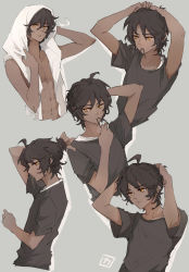Rule 34 | 1boy, abs, adjusting hair, ahoge, arknights, arms up, black hair, black shirt, braid, closed mouth, collarbone, commentary request, dark-skinned male, dark skin, expressionless, grey background, hair tie in mouth, highres, looking at viewer, male focus, mouth hold, multiple views, navel, orange eyes, profile, shirt, topless male, short ponytail, short sleeves, steam, sweat, t-shirt, thorns (arknights), towel, towel on head, upper body, yuzuriha (ryami)
