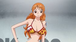 Rule 34 | 1girl, animated, animated gif, bare shoulders, bikini, bikini top only, bouncing breasts, breasts, cleavage, female focus, large breasts, long hair, lowres, matching hair/eyes, nami (one piece), one piece, orange eyes, orange hair, punk hazard, solo, swimsuit, tattoo