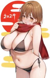 Rule 34 | 1girl, 2024, bikini, black bikini, blush, breasts, brown eyes, brown hair, cleavage, commentary request, cowboy shot, egasumi, front-tie bikini top, front-tie top, hair intakes, heavy breathing, highres, large breasts, looking at viewer, mature female, mole, mole on armpit, mole on stomach, navel, ol-chan (udon), open mouth, original, plump, red scarf, scarf, short hair, side-tie bikini bottom, simple background, solo, stomach, swimsuit, udon (udonalium), white background