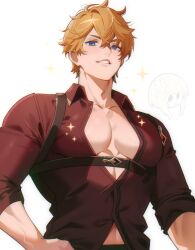 Rule 34 | 1boy, bara, blue eyes, chariko, collared shirt, cursed emoji, genshin impact, large pectorals, male focus, muscular, muscular male, orange hair, partially unbuttoned, pectoral cleavage, pectorals, red shirt, shirt, short hair, simple background, sleeves rolled up, smile, solo, sparks, tartaglia (genshin impact), teeth, upper body, white background