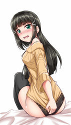 Rule 34 | 10s, 1girl, ass, bare shoulders, bed sheet, black hair, black panties, black thighhighs, blush, clothes tug, embarrassed, frilled panties, frills, from behind, green eyes, hair ornament, hairclip, kurosawa dia, long hair, long sleeves, looking at viewer, looking back, love live!, love live! sunshine!!, mole, mole under mouth, no pants, nose blush, off-shoulder, off-shoulder sweater, off shoulder, on bed, open mouth, panties, shirt tug, simple background, solo, straight hair, sweater, sweater tug, thighhighs, underwear, white background, yellow sweater, yopparai oni