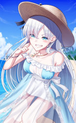 Rule 34 | 1girl, anastasia (fate), anastasia (swimsuit archer) (fate), anastasia (swimsuit archer) (first ascension) (fate), arm behind back, bare shoulders, beach, blue dress, blue eyes, blue sky, blush, bracelet, breasts, collarbone, dress, earrings, fate/grand order, fate (series), grin, hair over one eye, hairband, hat, jewelry, large breasts, leaning forward, long hair, looking at viewer, mizunashi hayate, necklace, ocean, pendant, see-through, see-through skirt, shore, silver hair, skirt, sky, smile, solo, straw hat, thighs, very long hair