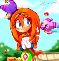 Rule 34 | 1girl, ^ ^, armlet, artist name, bare shoulders, black eyes, blue eyes, blue sky, blurry, blurry background, blush, bush, chao (sonic), circlet, closed eyes, closed mouth, cloud, cowboy shot, dated, day, eye contact, closed eyes, female focus, flying, full body, furry, furry female, gloves, green skirt, hair ribbon, hands together, hands up, happy, heart, interlocked fingers, jewelry, long hair, looking at another, looking to the side, looking up, necklace, orange hair, outdoors, parted lips, ribbon, signature, sketch, skirt, sky, smile, solo focus, spacecolonie, standing, tail, teeth, tikal the echidna, white gloves, white ribbon, wings