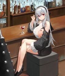 Rule 34 | 1girl, absurdres, ahoge, bar (place), bare legs, bare shoulders, black footwear, black skirt, breasts, closed mouth, commission, crossed legs, cup, detached sleeves, drinking glass, hand up, heart, heart tattoo, high heels, highres, huge breasts, long hair, long sleeves, looking at viewer, miniskirt, once a day, original, red eyes, shirt, sideboob, sitting, skirt, sleeveless, sleeveless shirt, solo, tattoo, taut clothes, taut shirt, thighs, white hair, white shirt, wide sleeves, wine glass