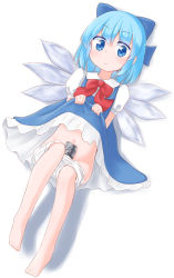 Rule 34 | 1girl, bad id, bad pixiv id, barefoot, bloomers, bloomers pull, blue eyes, blue hair, bow, can, cirno, clothes lift, dress, dress lift, dutch angle, full body, hair ornament, hair ribbon, highres, ice, ice wings, looking at viewer, lying, matching hair/eyes, meranku, midriff, navel, on back, puffy sleeves, ribbon, short hair, short sleeves, simple background, solo, touhou, underwear, white background, wings