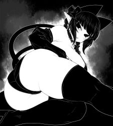 Rule 34 | 1girl, animal ears, ass, boots, bow, braid, breasts, cat ears, cat girl, cat tail, commentary request, curvy, detached collar, detached sleeves, extra ears, greyscale, hair bow, haseru (ginku mh), heart, huge breasts, kaenbyou rin, looking at viewer, monochrome, multiple tails, nekomata, open mouth, pointy ears, side braids, sideboob, sidelocks, solo, tail, thigh boots, thighhighs, touhou, twin braids, two tails