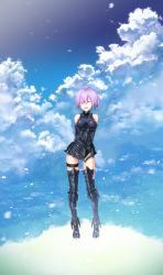 Rule 34 | 1girl, ;d, armor, armored boots, arms behind back, bare shoulders, black footwear, black leotard, boots, cloud, cloudy sky, contrapposto, day, detached sleeves, closed eyes, fate/grand order, fate (series), full body, groin, hair over one eye, highres, kawasemi (pocorit), leotard, mash kyrielight, one eye closed, open mouth, outdoors, purple hair, short hair, sky, smile, solo, standing, thigh strap