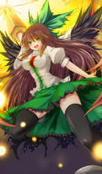 Rule 34 | 1girl, arm cannon, bad id, bad pixiv id, blouse, bow, breasts, brown hair, female focus, gradient background, green eyes, hair bow, inu3, long hair, open mouth, reiuji utsuho, shirt, skirt, solo, thighhighs, touhou, very long hair, weapon, wings