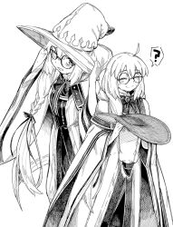 Rule 34 | 1girl, ?, blush, braid, fate/grand order, fate (series), glass, greyscale, happy, hat, long hair, looking at viewer, monochrome, one eye closed, round eyewear, simple background, smile, spoken question mark, sturkey, aesc (fate), aesc (rain witch) (fate), white background, witch hat