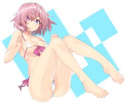 Rule 34 | 1girl, absurdres, areola slip, bad id, bad twitter id, barefoot, bikini, breasts, fate/grand order, fate (series), highres, large breasts, purple hair, looking at viewer, mash kyrielight, micro bikini, official alternate costume, purple eyes, short hair, shunichi, smile, swimsuit