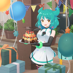 Rule 34 | 1girl, :d, absurdres, bahamut dianwan zixun zhan, balloon, bare shoulders, black gloves, bracelet, cake, dress, earrings, elbow gloves, food, gift, gloves, green hair, happy birthday, highres, holding, holding cake, holding food, horns, indoors, jewelry, looking at viewer, mao lian (nekokao), medium hair, open mouth, pink thighhighs, smile, solo, standing, string of flags, thighhighs, tray, white dress, yellow eyes