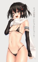 Rule 34 | &gt;:d, 10s, 1girl, :d, arm at side, bare shoulders, bikini, black bikini, black gloves, black hair, blush, breasts, brown eyes, cowboy shot, elbow gloves, fishnets, gloves, grey background, hair ornament, hairpin, hand up, highres, kantai collection, keita (tundereyuina), micro bikini, navel, open mouth, scarf, sendai (kancolle), sendai kai ni (kancolle), short hair, simple background, small breasts, smile, solo, standing, stomach, swimsuit, tassel, teeth, translation request, v-shaped eyebrows, white scarf