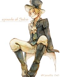 Rule 34 | 1boy, akagi shun, ascot, bad id, bad twitter id, black eyes, blonde hair, boots, brown gloves, character name, closed mouth, coat, commentary, gloves, hat, invisible chair, male focus, one piece, pants, sabo (one piece), sanpaku, scar, scar across eye, scar on face, sitting, smile, solo, top hat, twitter username, white background, white legwear, white pants
