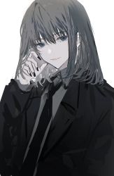 Rule 34 | 1boy, absurdres, alternate costume, alternate hair color, black hair, black jacket, black nails, black necktie, blouse, blue eyes, collared shirt, evil smile, fate/grand order, fate (series), formal, grey shirt, highres, jacket, long sleeves, looking at viewer, male focus, medium hair, nail polish, necktie, nokoru sora, oberon (fate), oberon (third ascension) (fate), shirt, simple background, smile, solo, spoilers, suit, upper body, white background