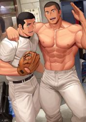 Rule 34 | 2boys, abs, bara, bare arms, bare shoulders, baseball glove, black hair, commentary request, dainyuu (dgls), hands on another&#039;s shoulders, highres, indoors, looking at viewer, male focus, multiple boys, muscular, muscular male, navel, original, pants, pectorals, short hair, thighs, topless male
