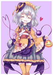 1girl adapted_costume animal_ears back_bow black_hat blouse blush border bow closed_eyes collared_shirt facing_viewer fang feet_out_of_frame floral_print frilled_shirt_collar frilled_skirt frilled_sleeves frills furobai_(onunku) green_hair green_skirt halloween halloween_bucket halloween_costume happy hat hat_bow hat_ribbon head_tilt heart highres holding holding_stuffed_toy komeiji_koishi large_bow long_sleeves medium_hair open_mouth print_shirt purple_background ribbon rose_print shirt simple_background skin_fang skirt solo striped_clothes striped_skirt stuffed_animal stuffed_toy teddy_bear thighhighs third_eye touhou vertical-striped_clothes vertical-striped_skirt white_border wide_sleeves yellow_bow yellow_ribbon yellow_shirt yellow_thighhighs