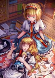 Rule 34 | 2girls, :d, alice margatroid, apron, bad id, bad pixiv id, black dress, black gloves, blonde hair, blue dress, blush, book, book stack, bookshelf, bow, capelet, dress, drooling, fingerless gloves, gloves, green eyes, hair bow, hairband, hat, hat bow, unworn hat, unworn headwear, indoors, kirisame marisa, lolita hairband, looking at another, mini-hakkero, mirror, multiple girls, neck ribbon, ookashippo, open mouth, parted lips, puffy short sleeves, puffy sleeves, red bow, red ribbon, ribbon, sash, shanghai doll, short hair, short sleeves, sleeping, sleeping on person, smile, touhou, waist apron, white bow, witch hat