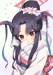 Rule 34 | 1girl, black hair, blue archive, breath, commentary request, flower, forehead, fur collar, fuuka (blue archive), fuuka (new year) (blue archive), hair bun, hair flower, hair ornament, halo, highres, horns, japanese clothes, kimono, looking at viewer, nanana narang, obi, parted bangs, parted lips, pink flower, red eyes, sash, solo, white background, white kimono