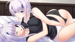 Rule 34 | 2girls, ass, asymmetrical docking, bed sheet, black panties, black tank top, blue eyes, breast press, breasts, closed mouth, couple, cryska barchenowa, eye contact, fingering, fingering through clothes, game cg, indoors, inia sestina, large breasts, long hair, looking at another, lying, multiple girls, muv-luv, muv-luv alternative, muv-luv alternative strike frontier, official art, on back, one eye closed, open mouth, panties, short hair, silver hair, tank top, through clothes, underwear, white panties, yuri
