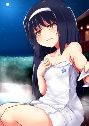 Rule 34 | 10s, 1girl, black hair, blurry, blush, brown eyes, closed mouth, depth of field, embarrassed, foreshortening, frown, girls und panzer, hairband, kitayama miuki, long hair, looking at viewer, moon, naked towel, night, night sky, ooarai school uniform, outdoors, reizei mako, school uniform, sitting, sky, solo, towel, wavy mouth, white hairband