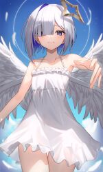 Rule 34 | 1girl, absurdres, amane kanata, angel, angel wings, bare arms, bare shoulders, blue eyes, blue hair, blue sky, blunt bangs, closed mouth, cloud, collarbone, colored inner hair, commentary request, cowboy shot, crying, crying with eyes open, dress, falling feathers, feathered wings, feathers, flat chest, grey hair, hair over one eye, halo, highres, hololive, light blush, light frown, looking at viewer, multicolored hair, outstretched arm, pink hair, reaching, reaching towards viewer, short hair, single hair intake, sky, solo, spaghetti strap, star halo, streaked hair, tears, thigh gap, thomas 8000, virtual youtuber, white dress, white wings, wings
