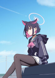 Rule 34 | 1girl, absurdres, aircraft, airplane, animal ears, black choker, black hair, black jacket, black pantyhose, blue archive, cat ears, choker, cloud, colored inner hair, contrail, day, extra ears, feet out of frame, green sailor collar, hair ornament, hairclip, halo, highres, hood, hood down, hooded jacket, jacket, kazusa (blue archive), legs, long sleeves, multicolored hair, open mouth, outdoors, pantyhose, pink hair, pleated skirt, pogeepoge, power lines, red eyes, sailor collar, short hair, sitting, skirt, solo, utility pole, white skirt
