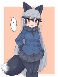 Rule 34 | 1girl, animal ears, aramaru, black pantyhose, black shirt, black skirt, blazer, blue jacket, blush, bow, bowtie, brown eyes, commentary, fang, fox ears, fox tail, fur-trimmed sleeves, fur collar, fur trim, grey hair, hand on own ass, highres, jacket, kemono friends, long hair, long sleeves, looking at viewer, miniskirt, necktie, open mouth, outside border, pantyhose, pink background, pleated skirt, shirt, silver fox (kemono friends), skirt, smile, solo, standing, sweatdrop, tail, translated, very long hair