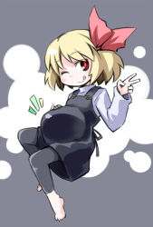 Rule 34 | 1girl, :p, :q, ;q, barefoot, blonde hair, female focus, hair ribbon, kugelschreiber, leggings, one eye closed, overalls, pinky out, pregnant, red eyes, ribbon, rumia, short hair, smile, solo, tongue, tongue out, touhou, v, wink