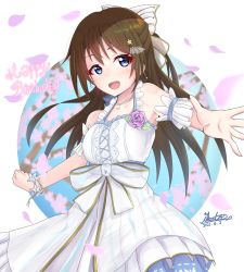 Rule 34 | 1girl, anata no risou no heroine, arm garter, arm ribbon, artist name, birthday, blue bow, blue eyes, bow, bracelet, brown hair, cherry blossoms, collarbone, corsage, cowboy shot, cross-laced clothes, dress, dress flower, earrings, flower, frilled dress, frills, hair bow, hair ornament, half updo, halterneck, highres, ikuto, jewelry, lace, lace-trimmed dress, lace trim, long hair, love live!, love live! nijigasaki high school idol club, necklace, osaka shizuku, pearl bracelet, pearl necklace, petals, ponytail, purple flower, purple rose, ribbon, rose, sidelocks, solo, star (symbol), star hair ornament, transparent bow, white bow, white dress, wrist flower