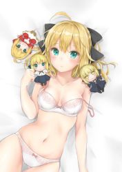 Rule 34 | 1girl, ahoge, artoria pendragon (all), artoria pendragon (fate), bed sheet, black bow, blonde hair, blush, bow, bow bra, bow panties, bra, breasts, cleavage, collarbone, fate/unlimited codes, fate (series), from above, gluteal fold, green eyes, hair between eyes, hair bow, looking at viewer, lying, medium breasts, mikujin (mikuzin24), navel, nero claudius (fate), nero claudius (fate) (all), nero claudius (fate/extra), off shoulder, on back, panties, parted lips, pink bow, saber (fate), saber alter, saber lily, short hair, solo, strap slip, thigh strap, underwear, underwear only