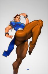 Rule 34 | 1girl, ass, blue dress, bracelet, breasts, brown eyes, brown hair, brown pantyhose, bun cover, capcom, china dress, chinese clothes, chun-li, double bun, dress, earrings, fighting stance, hair bun, highres, irn, jewelry, large breasts, leg up, lips, muscular, muscular female, muscular legs, no shoes, pantyhose, pearl earrings, pelvic curtain, puffy short sleeves, puffy sleeves, sash, short sleeves, side slit, spiked bracelet, spikes, street fighter, street fighter ii (series), thick thighs, thighs
