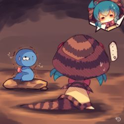 Rule 34 | ..., 10s, 1girl, = =, barefoot, blue hair, blush, bonobono, bonobono (character), bow, chibi, closed eyes, closed mouth, crossover, hair between eyes, holding, hood, hoodie, kemono friends, long sleeves, muuran, otter, pink bow, seashell, shell, signature, sitting, snake tail, spoken ellipsis, striped clothes, striped hoodie, striped tail, sweat, tail, tears, trembling, tsuchinoko (kemono friends)